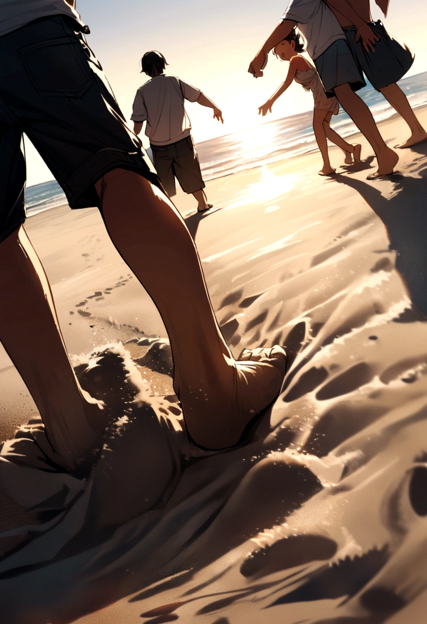 Black  and his parents playing in the sand on the beach
