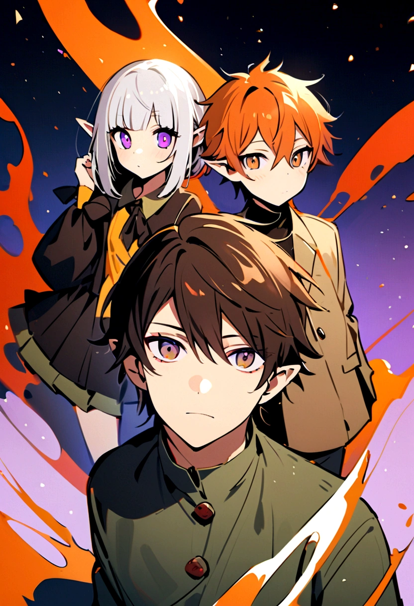A beautiful girl and a handsome boy(their a couple),the girl has: short white hair,pointy elf ears,and violet eyes,the boy has: messy Orange hair,and ash brown eyes, they're both wearing stylish modern clothes.