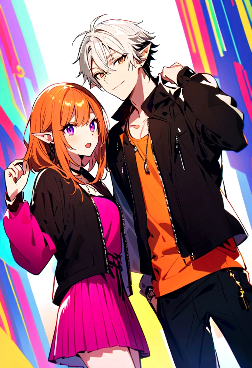 A beautiful girl and a handsome boy(their a couple),the girl has: short white hair,pointy elf ears,and violet eyes,the boy has: messy Orange hair,and ash brown eyes, they're both wearing stylish modern clothes.