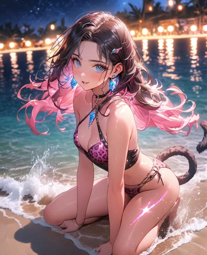 8K,gal,Beautiful and realistic skin,Shiny jewel-like earrings,pink glowing tattoo,Long colerful hair,blue eyes,Night view,Sparkling landscape,whole body,Leopard print swimsuit,Summer beach,Splash