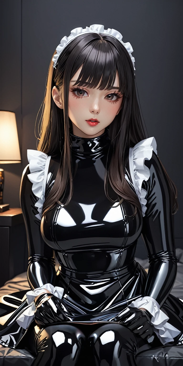 Portraiture、(masterpiece,Highest quality,Ultra-high resolution),Japanese women, (((Very beautiful 25 year old girl))),(Latex Maid Clothing)、(Latex Long Skirt)、(A long-sleeved latex shirt that covers the upper body)、Latex gloves、Latex socks、Latex bodysuit、Frills、The clothes fit snugly to the body、Latex is very shiny、Dark Room、