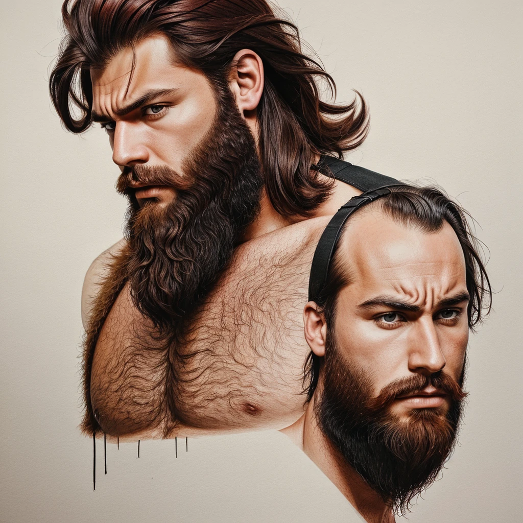 Drawing of a Young Angry man having huge darkRed beard