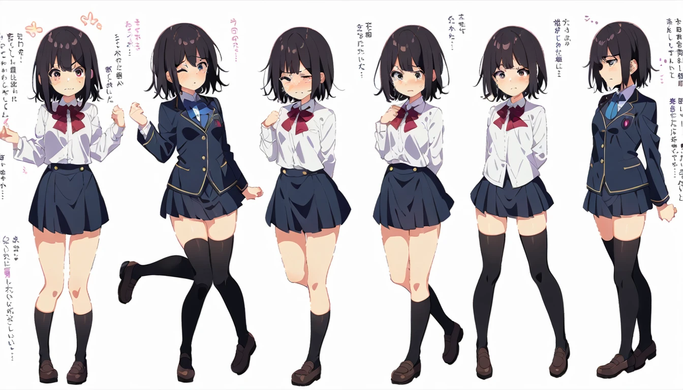 A girl with short black hair and small breasts in a blazer uniform is crying in disgust after being touched by a molester on the train、Full body images