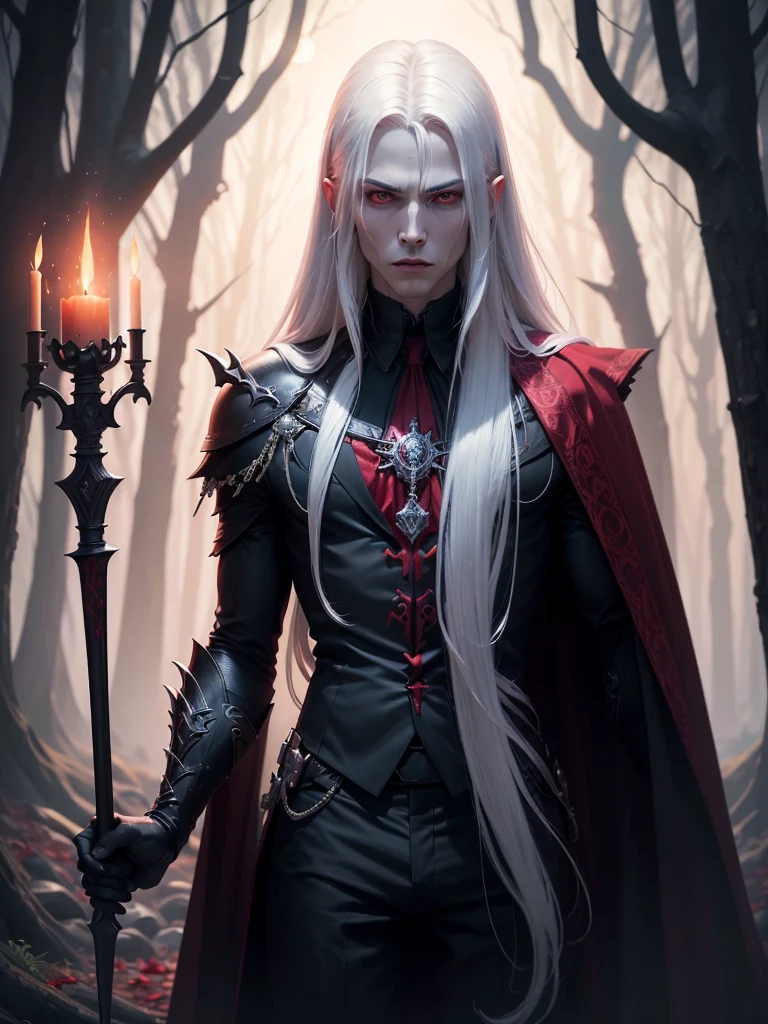 (Mindfuck art design, masterpiece, ultra detailed 4k high resolution HD, fan art,) A pale man, white darkness man vampire, vampire tooth visible, all this body straight, long hair, red eyes, with a vampire pant, in the forest on the moonlight, dark horror, dark fantasy, blood everywhere, lugubrious, disaster recovery heal. Look like the one, the only last vampire, very strong, weapon from future, long knife like sword, mysterious, strange, mystical, powerful and amazing. Very dark picture.