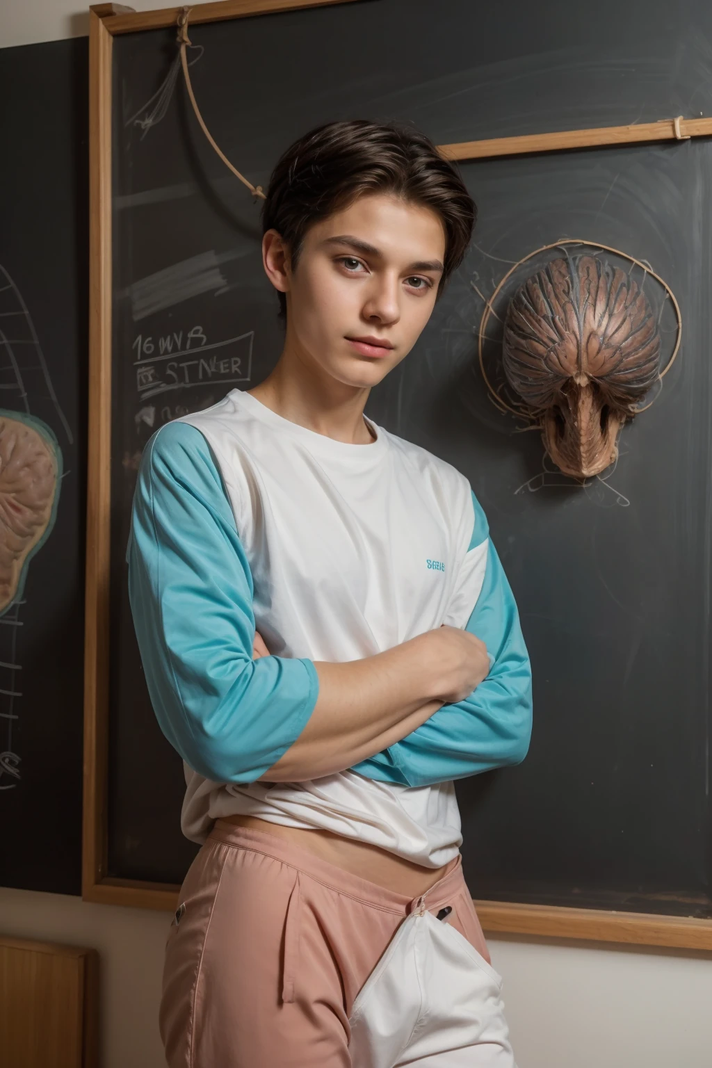 A beautiful young man, a cute male twink, with black hair, a face with reddish make-up, wearing a bright white long-sleeved shirt and aqua blue pants. He is in his office, and behind him is a blackboard on which is written the shape of the brain and its anatomy, and nuclear energy comes out of it, and he looks on proudly.