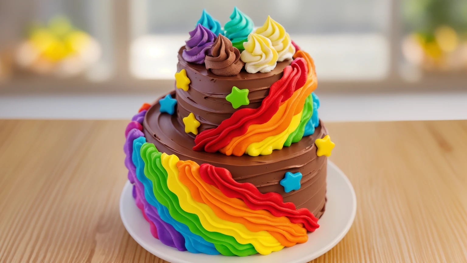 on a wooden table. there is a white plate. double tier chocolate cake ((chocolate cream texture, strokes of a pastry spatula)), rainbow cream in stitches, decorated with rainbow stars made of polymer clay, multi-colored cream on top ((cream highlights)), against the background of the kitchen, Beautiful light from the window, contour light, Multiple light sources, beautiful lighting, Bright light source, bright lighting, beautiful light sources, Multiple light sources, Realistic style , realistic texture, detailed texture, A high resolution, high quality, macro photography