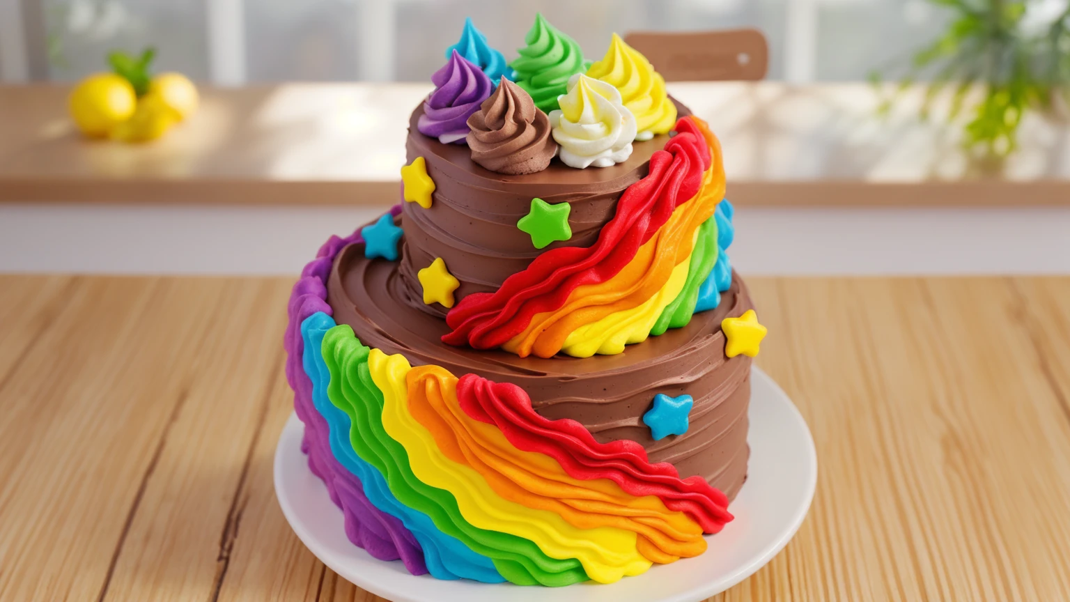 on a wooden table. there is a white plate. double tier chocolate cake ((chocolate cream texture, strokes of a pastry spatula)), rainbow cream in stitches, decorated with rainbow stars made of polymer clay, multi-colored cream on top ((cream highlights)), against the background of the kitchen, Beautiful light from the window, contour light, Multiple light sources, beautiful lighting, Bright light source, bright lighting, beautiful light sources, Multiple light sources, Realistic style , realistic texture, detailed texture, A high resolution, high quality, macro photography 