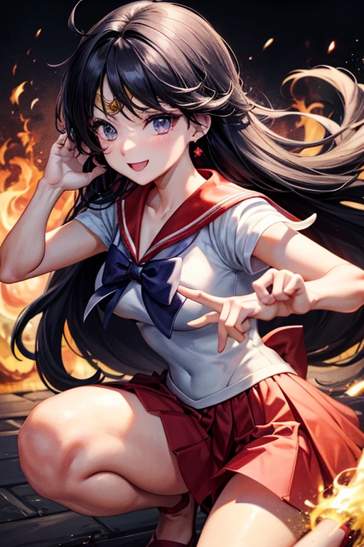 masterpiece, Highest quality, Absurd, Perfect Anatomy, One girl, alone, SM Mars, Very long hair, Parted bangs, Sailor Warrior Uniforms, Red Sailor Collar, Red Skirt, Elbow hand pockets, Are standing, Cowboy Shot, smile, Cartoon flames in the background, Stylized Background,Dynamic pose,Get down on one knee、The uniform is cut up、Crippling、Both hands tied with rope