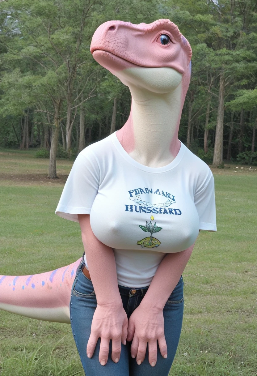 Cute pink dinosaur wearing a taut shirt,(No humans),E7E48U,Large Breasts, Background grassland