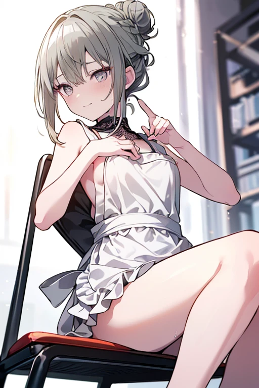 (A masterpiece of image quality in 8K),(from below:1.2),(Beautiful Allafed Woman),(((emphasizing breasts:1.0))),(Dynamic angles),(Dynamic and sexy bending pose:1.3),(sit a chair:1.3),(Short hair in shiny silver and orange inner colors,(perky chest:1.1), (pointed chest:1.3),small full breasts,Disturbance of clothing due to movement,breast slip,(Ponytail twisted buns adorned with elaborate braids and beads,Braided Setup Fishbone Hair,),(see-through bangs),small breasts、(((A white lace apron that shows your bare skin from under your small breasts)))、Blush with embarrassment、Enraptured eyes、A smile that beguiles the viewer、(Look back:1.2)、Look into the photographer,skin glistening with sweat,gazing at viewer,,(Professional Lighting),(8K,masutepiece,top-quality,Ultra-high resolution output image,),(Ultra HD with complex detail image modes),depth of fields,Beautiful hands,Beautiful fingers,Detailed finger features,(Detailed hair features:1.7),detailed facial features,detailed clothes features,