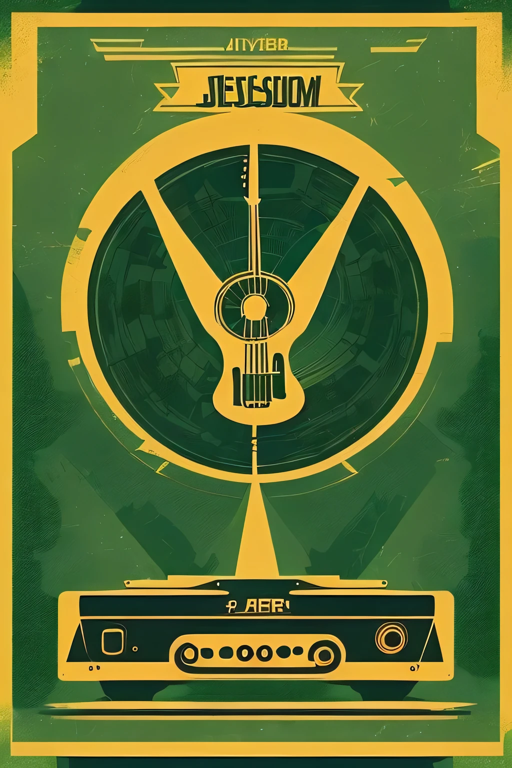 A flyer for a retro style jam session without people. 2D and in gold and green tones. A little bit of cyberpunk.
