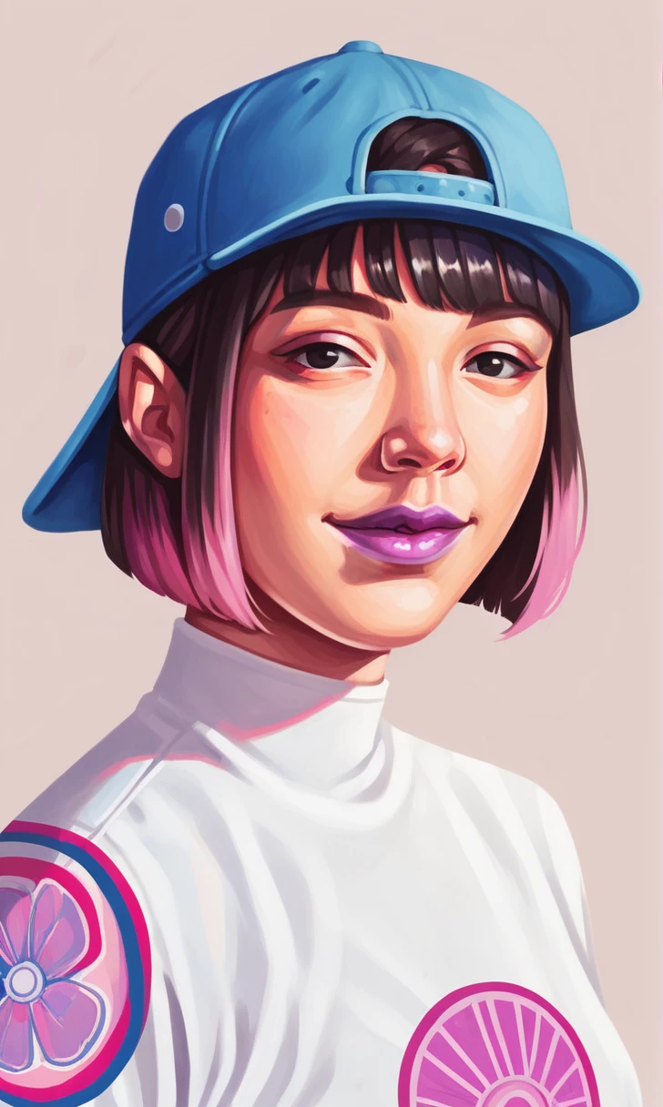 score_9, score_8_up, score_7_up, r1s0, 1girl, simple background, Asian, sunny, lovely, bob cut hair, baseball cap, gentle smile, purple lips, black eyes
