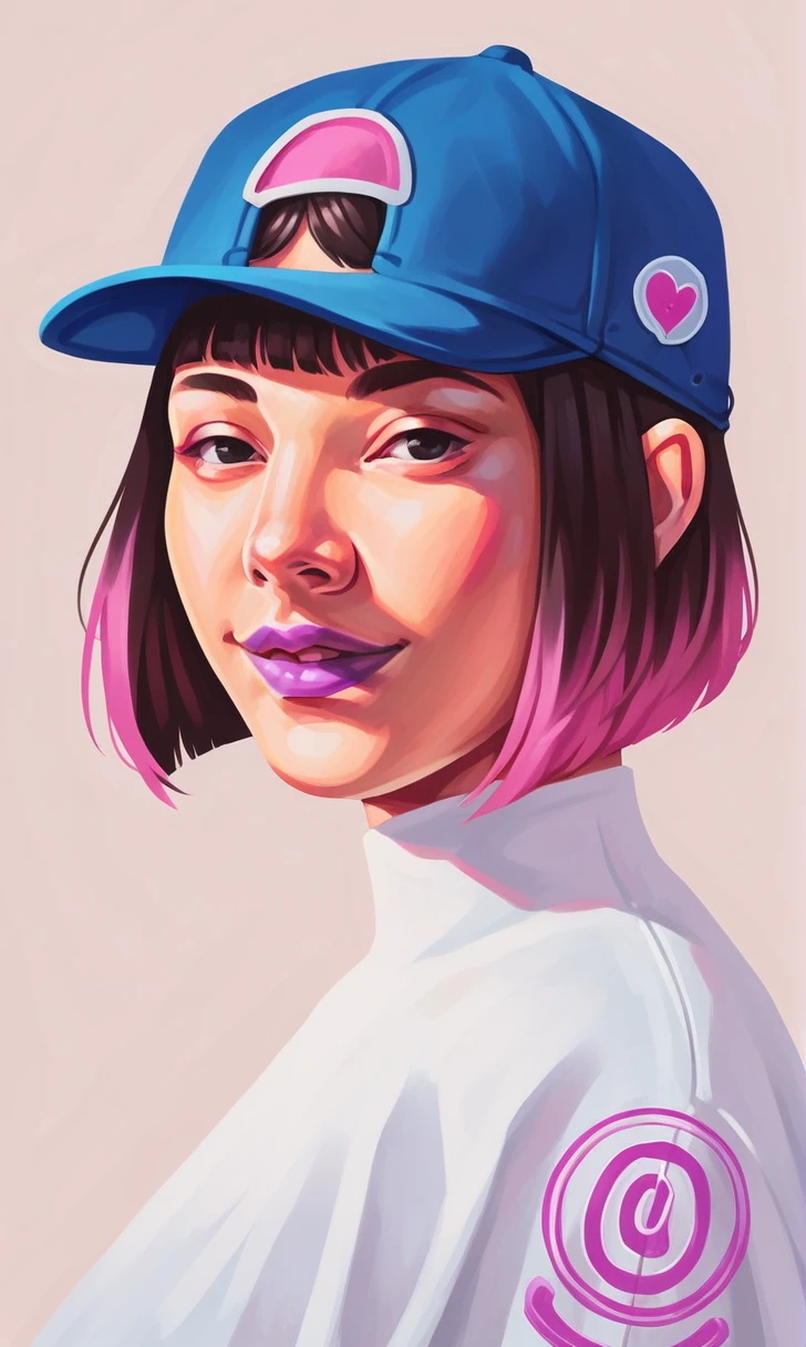 score_9, score_8_up, score_7_up, r1s0, 1girl, simple background, Asian, sunny, lovely, bob cut hair, baseball cap, gentle smile, purple lips, black eyes
