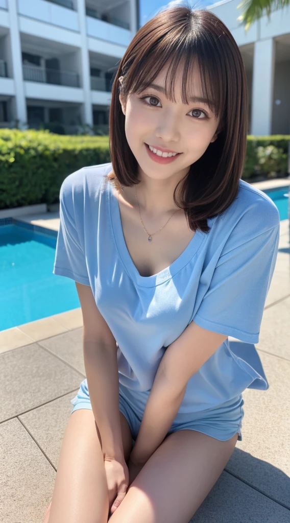 (8K, best quality, masterpiece:1.2), (realistic, photo-realistic:1.37), (high color saturation:1.0), (highly detailed skin), (highest quality:1.0), (ultra high resolution:1.0) ,(realistic:1.0), (Super detailed:1.0), (8K, Raw photo:1.1), pretty Japanese idol, dynamic angle, (outdoor:1.2),(resort hotel pool:1.3), (smiling:1.3), natural breast, perfect lighting, 18years old, (mysterious), clear and detailed, inverted nipples, sitting on the floor holding your knees pose, low angle photo, wearing long t_shirts,