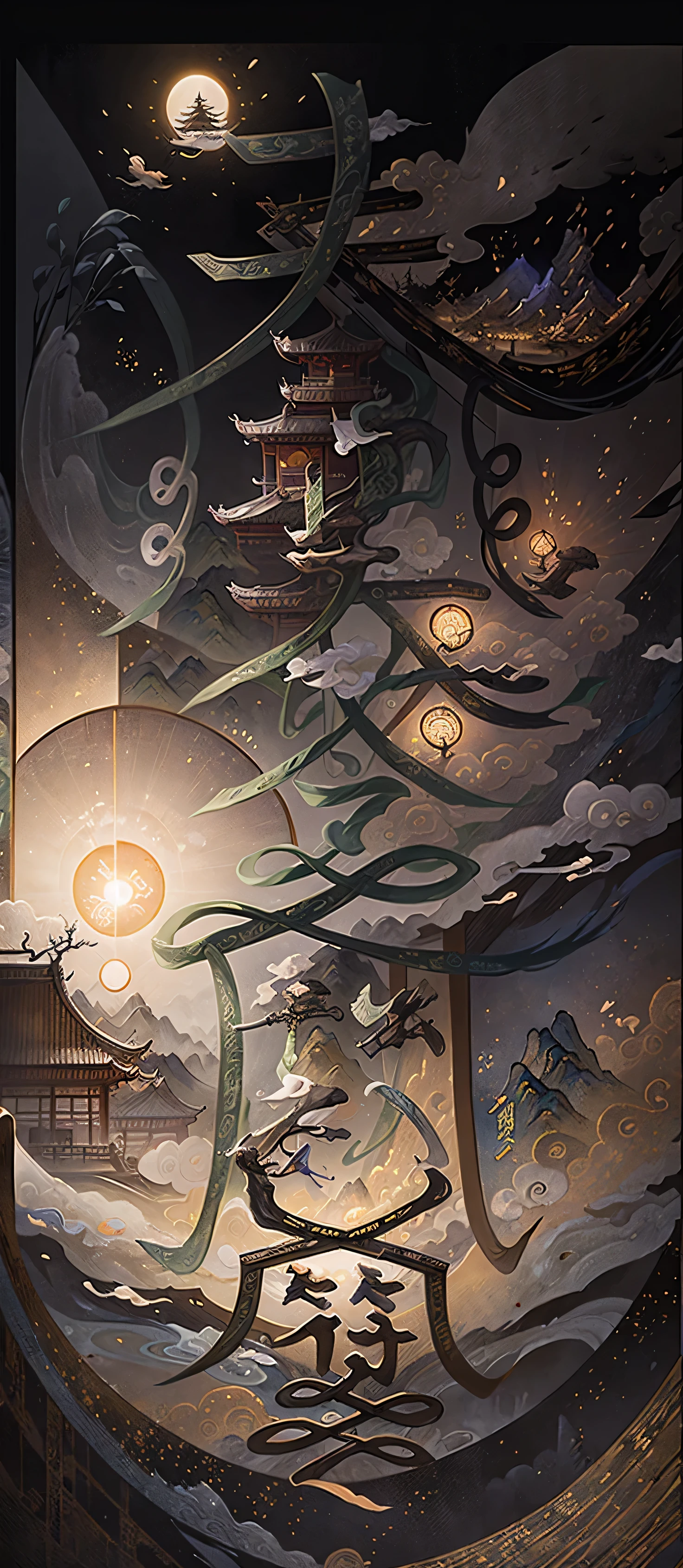 An ancient Chinese painting, ancient Chinese background, mountains, rivers, auspicious clouds, pavilions, sunshine, masterpieces, super detail, epic composition, ultra HD, high quality, extremely detailed, official art, unified 8k wallpaper, Super detail, 32k -- v 6
