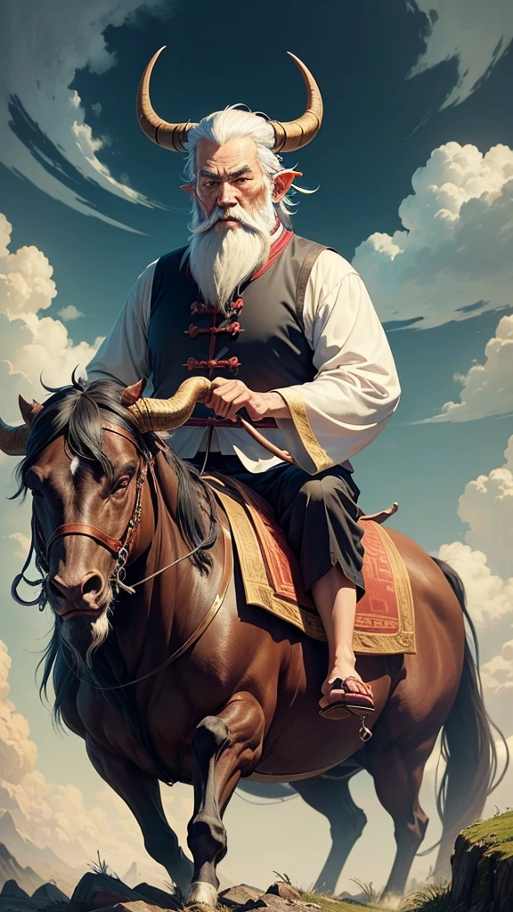 Ancient Chinese thinker, an old man with a long white beard, riding a skinny ox with horns, holding a thin cane in his hand, Ghibli anime style