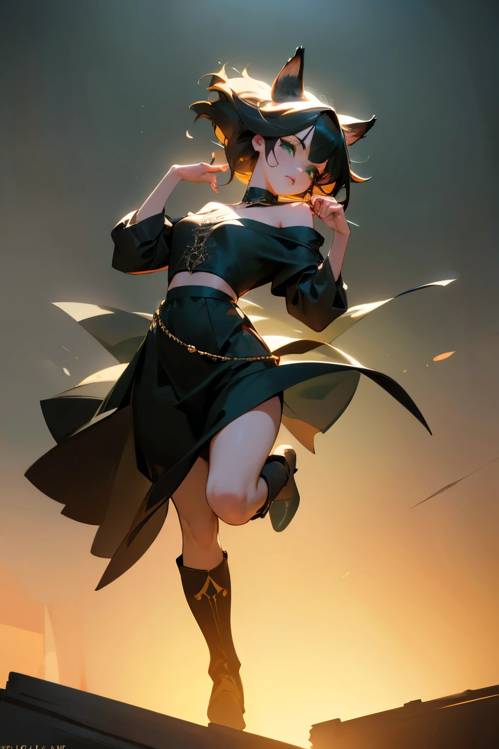 a woman with shoulder length short hair, ombre hair color fading from black to green, wearing a black off-shoulder top with open slits and a green top underneath, a black skirt, and boots, with green eyes and cat ears, (best quality,4k,8k,highres,masterpiece:1.2),ultra-detailed,(realistic,photorealistic,photo-realistic:1.37),portrait, highly detailed, intricate, beautiful, elegant, dramatic lighting, vibrant colors, dynamic pose