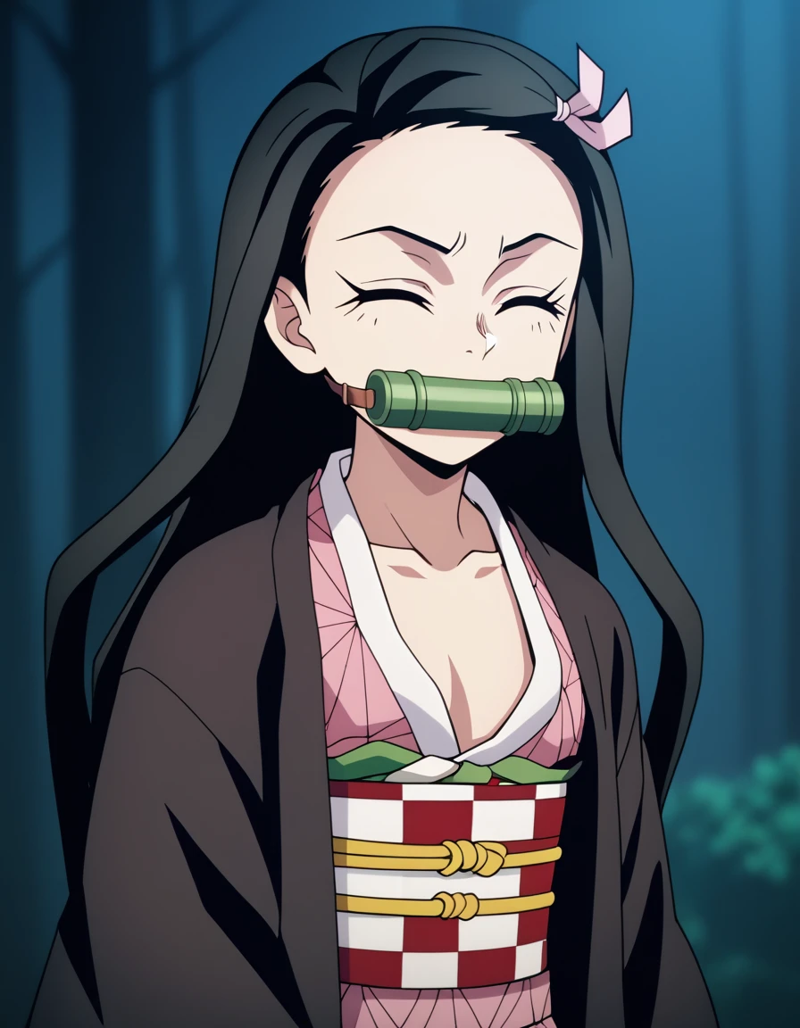 score_7_up, BREAK source_anime,anime screencap, dnezukoxlv4, 1girl, solo, bit gag, gag, japanese clothes, kimono, pink kimono, upper body, ****_, smile, closed eyes, forest, flat chest,