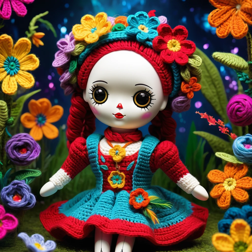 (Voodoo doll crochet toy:1.9), (Voodoo bird:1.2), (Enchanted garden:1.3), (Clothing: Tiny vest with glowing flower patterns:1.0), (Accessories: Enchanted feather that emits sparks of flight magic, floating spectral petals:1.1), (Background: A vibrant garden with floating flowers, glowing fountains and spectral gardeners:1.2), best quality, masterpiece, detailed soft oil painting, detailed background, dramatic cinematic lighting, soft edge lighting, professional, dramatic lighting, hard edge lighting, ultra quality, 4k,masterpiece, best quality, 8k, ultra highres, highres, extremely detailed