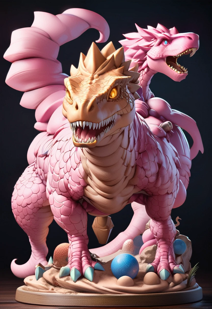 Highest quality、masterpiece、darkness、Black Background、Surreal Posters、dirty, mineral pigments, 3D clay sculpture art, clay、BREAK、ピンクの毛が生えた恐竜にGirl riding、Fine saddle and stirrups、saddle and stirrup、Girl riding、Toriyama Ming style painting、Dragon Ball Style、Very realistic T.Rex、Pink glowing hair、Bright eyes、Light pink dinosaur、BREAK、Object of fear、Leaning forward、dirty, mineral pigments, 3D clay sculpture art, clay