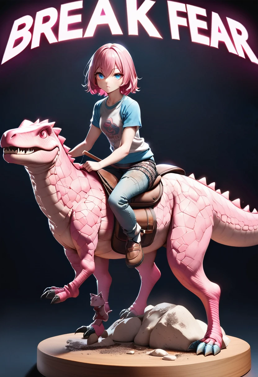 Highest quality、masterpiece、darkness、Black Background、Surreal Posters、dirty, mineral pigments, 3D clay sculpture art, clay、BREAK、ピンクの毛が生えた恐竜にGirl riding、Fine saddle and stirrups、saddle and stirrup、Girl riding、Toriyama Ming style painting、Dragon Ball Style、Very realistic T.Rex、Pink glowing hair、Bright eyes、Light pink dinosaur、BREAK、Object of fear、Leaning forward、dirty, mineral pigments, 3D clay sculpture art, clay