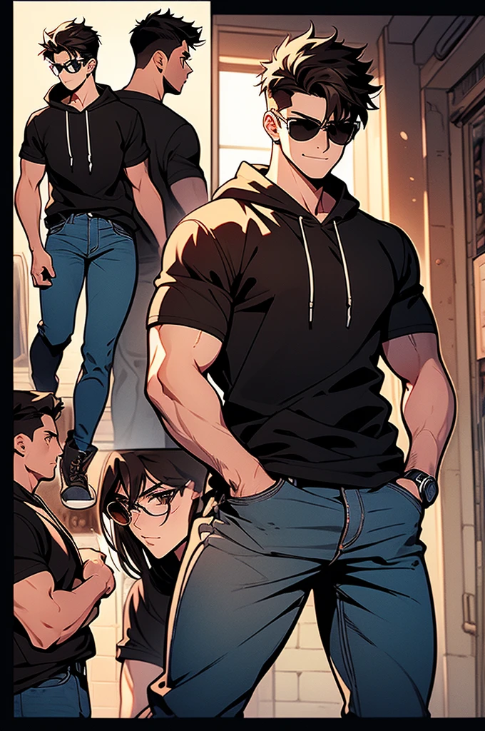 ((illustration)), (best quality)), ((masterpiece)), (detailed), ((front view)) comic cover, age, boy, dark hair, brown eyes, muscular, black shirt, hoodie, jeans, combat boots, sunglass, smirking,