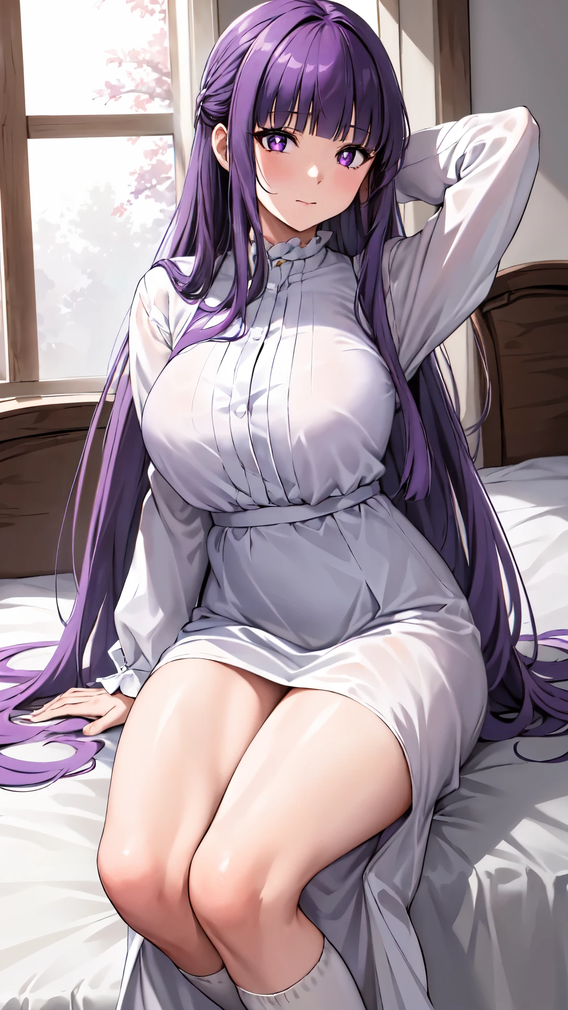 masterpiece, Highest quality, High resolution, Arfern, Long Hair, Purple Hair, Blunt bangs, Purple eyes, Large Breasts, Long dress, White Dress, Long sleeve, Sitting,arms behind head, Bedroom,(Puffing one's cheeks), Cowboy Shot,