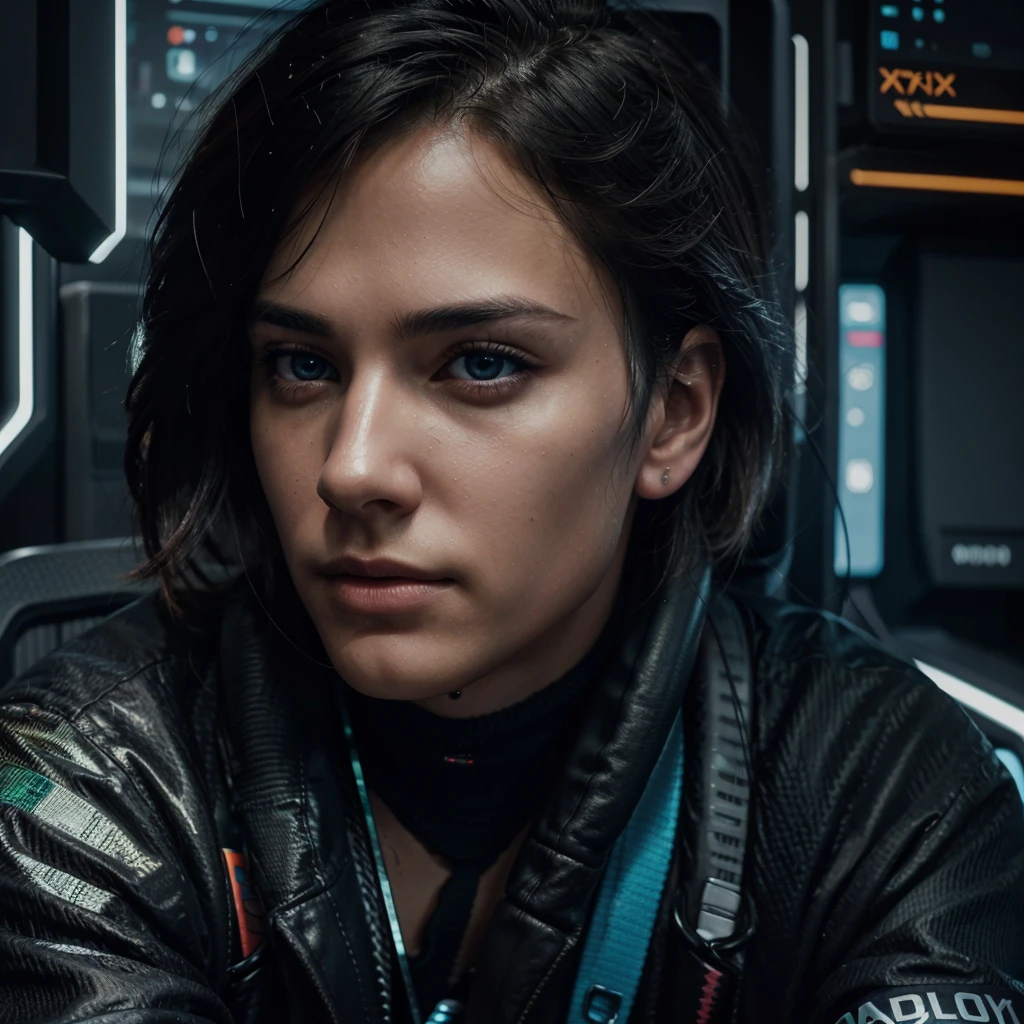a young man sitting in a chair, extremely detailed face, beautiful eyes, detailed nose and lips, 1 person, cyberpunk interior, many screens, colorful cables, lots of lights, upscale, ray tracing, 8k, high quality, photorealistic, cinematic lighting, dramatic atmosphere, vivid colors, intricate details