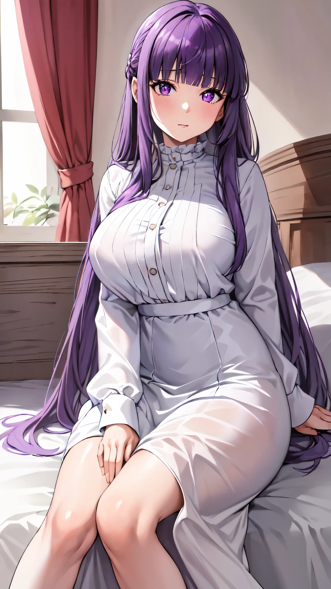 masterpiece, Highest quality, High resolution, Arfern, Long Hair, Purple Hair, Blunt bangs, Purple eyes, Large Breasts, Long dress, White Dress, Long sleeve, Sitting,arms behind head, Bedroom,(Puffing one's cheeks), Cowboy Shot,