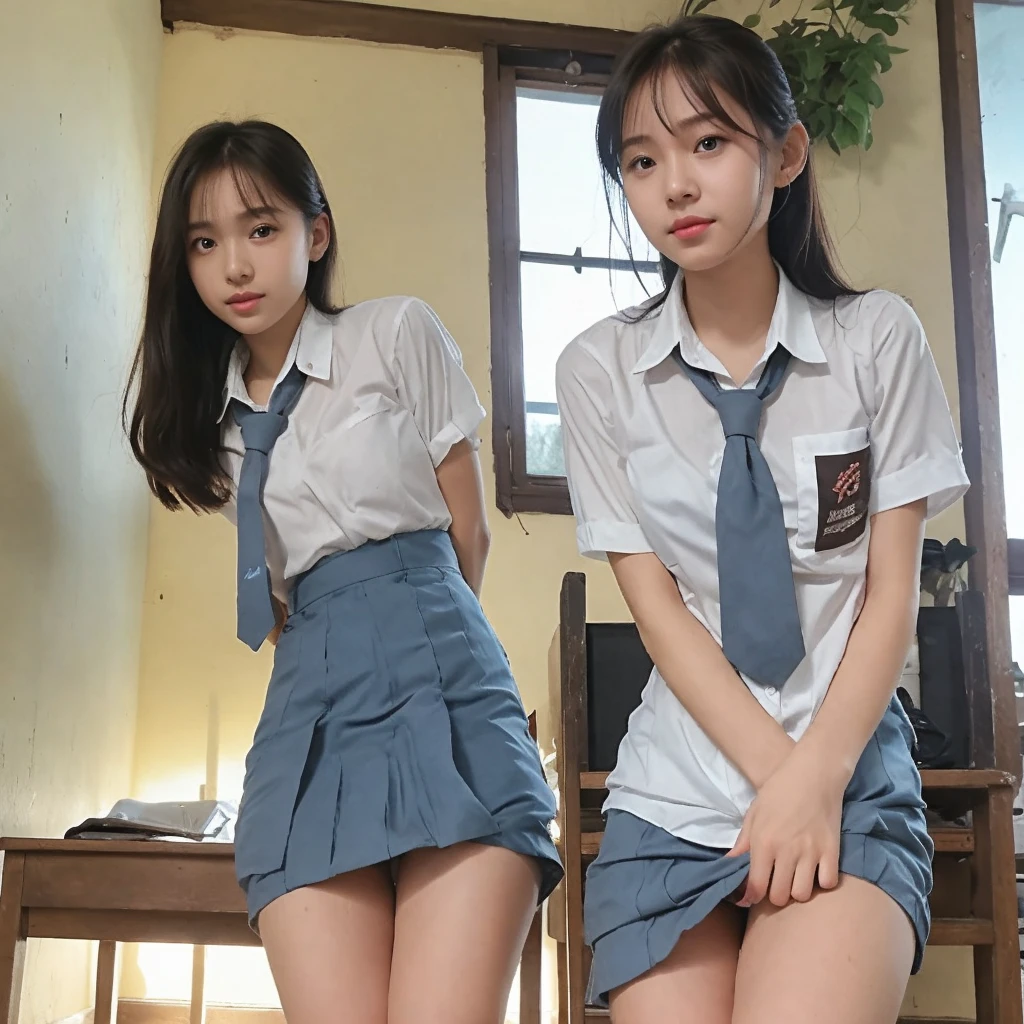 RAW Photo, Best quality, high resolution, (masterpiece: 1.3) (very sharp photo result & detailed face) (hyper realistic photo) 2 japanese girl with japan uniform & miniskirt, they have brown long japan hairstyle with bangs, they skirt are uplifting by their hands, romantic mood, dark dramatic shadow & light on the classroom, lighting sources comes from the window, backlight lighting treatment, UHD, 8K"