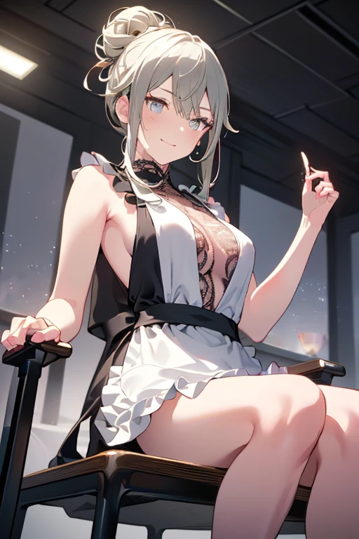 (A masterpiece of image quality in 8K),(from below:1.2),(Beautiful Allafed Woman),(((emphasizing breasts:1.0))),(Dynamic angles),(Dynamic and sexy bending pose:1.3),(sit a chair:1.3),(Short hair in shiny silver and orange inner colors,(perky chest:1.1), (pointed chest:1.3),small full breasts,Disturbance of clothing due to movement,breast slip,(Ponytail twisted buns adorned with elaborate braids and beads,Braided Setup Fishbone Hair,),(see-through bangs),small breasts、(((A white lace apron that shows your bare skin from under your small breasts)))、Blush with embarrassment、Enraptured eyes、A smile that beguiles the viewer、(Look back:1.2)、Look into the photographer,skin glistening with sweat,gazing at viewer,,(Professional Lighting),(8K,masutepiece,top-quality,Ultra-high resolution output image,),(Ultra HD with complex detail image modes),depth of fields,Beautiful hands,Beautiful fingers,Detailed finger features,(Detailed hair features:1.7),detailed facial features,detailed clothes features,