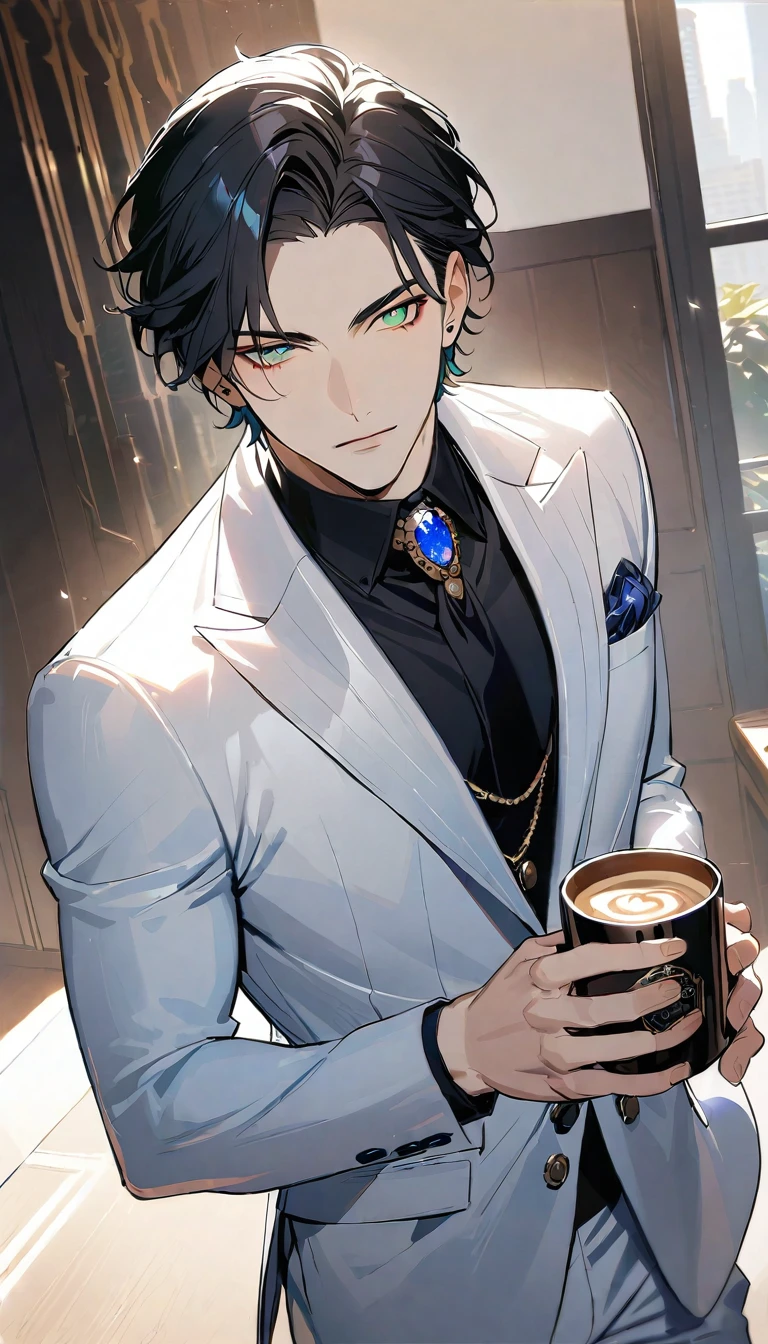 1 male, 25 years old British male, decisive, graceful, tattooed, emerald eyes, black hair, white suit, black shirt, tie, British gentleman, white pants, office president, 
Standing, holding a cup of coffee in his hand，Office President，一个现代Handsome哥，25-year-old male，Black Hair，Green eyes，short hair，No bangs，Show forehead，Middle parted hair，young people，Dynamic Hair，Delicate face，Bright Eyes，Gem Eyes， Extremely detailed eyes， Handsome，Handsome，White skin，Single photo，Upper body photo from thigh up，Handsome哥，a beautiful man，Exquisite eyes，Carefully sculpted hair，Rich in details，Standing in front of a white background，Handsome哥，juvenile，blond，short hair，Handsome face，Handsome，Handsome，超级Handsome哥，White skin，Fair skin，