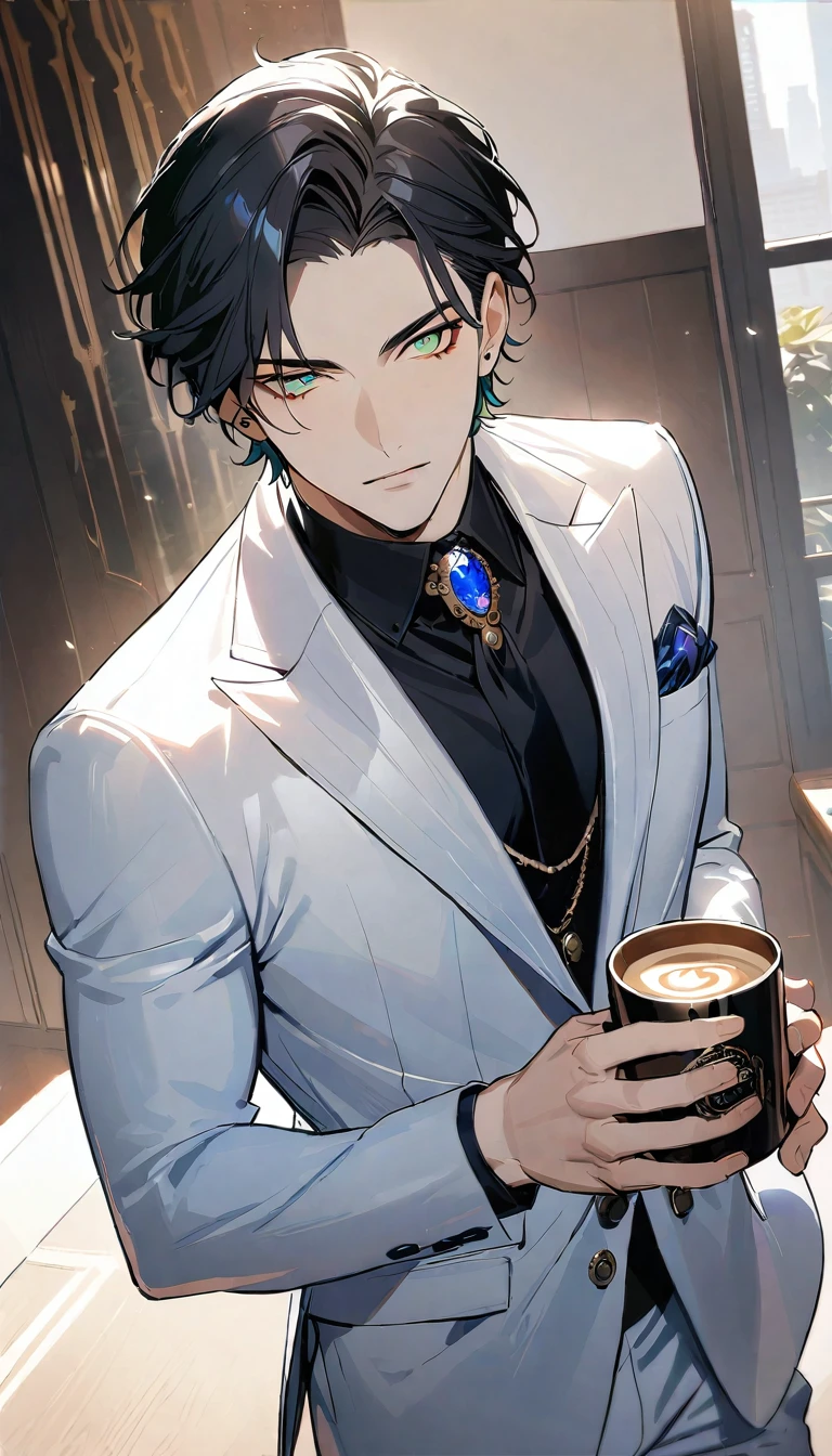 1 male, 25 years old British male, decisive, graceful, tattooed, emerald eyes, black hair, white suit, black shirt, tie, British gentleman, white pants, office president, 
Standing, holding a cup of coffee in his hand，Office President，一个现代Handsome哥，25-year-old male，Black Hair，Green eyes，short hair，No bangs，Show forehead，Middle parted hair，young people，Dynamic Hair，Delicate face，Bright Eyes，Gem Eyes， Extremely detailed eyes， Handsome，Handsome，White skin，Single photo，Upper body photo from thigh up，Handsome哥，a beautiful man，Exquisite eyes，Carefully sculpted hair，Rich in details，Standing in front of a white background，Handsome哥，juvenile，blond，short hair，Handsome face，Handsome，Handsome，超级Handsome哥，White skin，Fair skin，