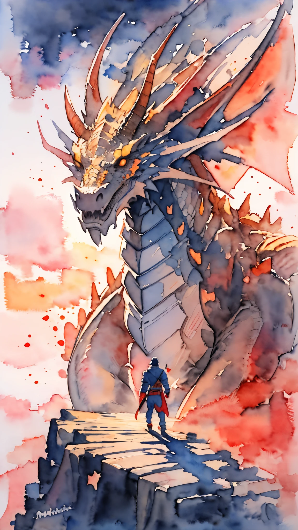 (masterpiece:1.2),(Highest quality),(Very detailedな),(Ultra-high resolution),8K,Vast landscape photography,(((watercolor))),(From below,A legendary knight looking up at a giant dragon in front of him,A dragon glaring at a legendary knight),(The knight is wearing legendary armor.),(One person: 1.5),((Burning mountain)),(Moving configuration: 1.4),Very detailed,colorful,Very detailed drawing,(((透明watercolor)))