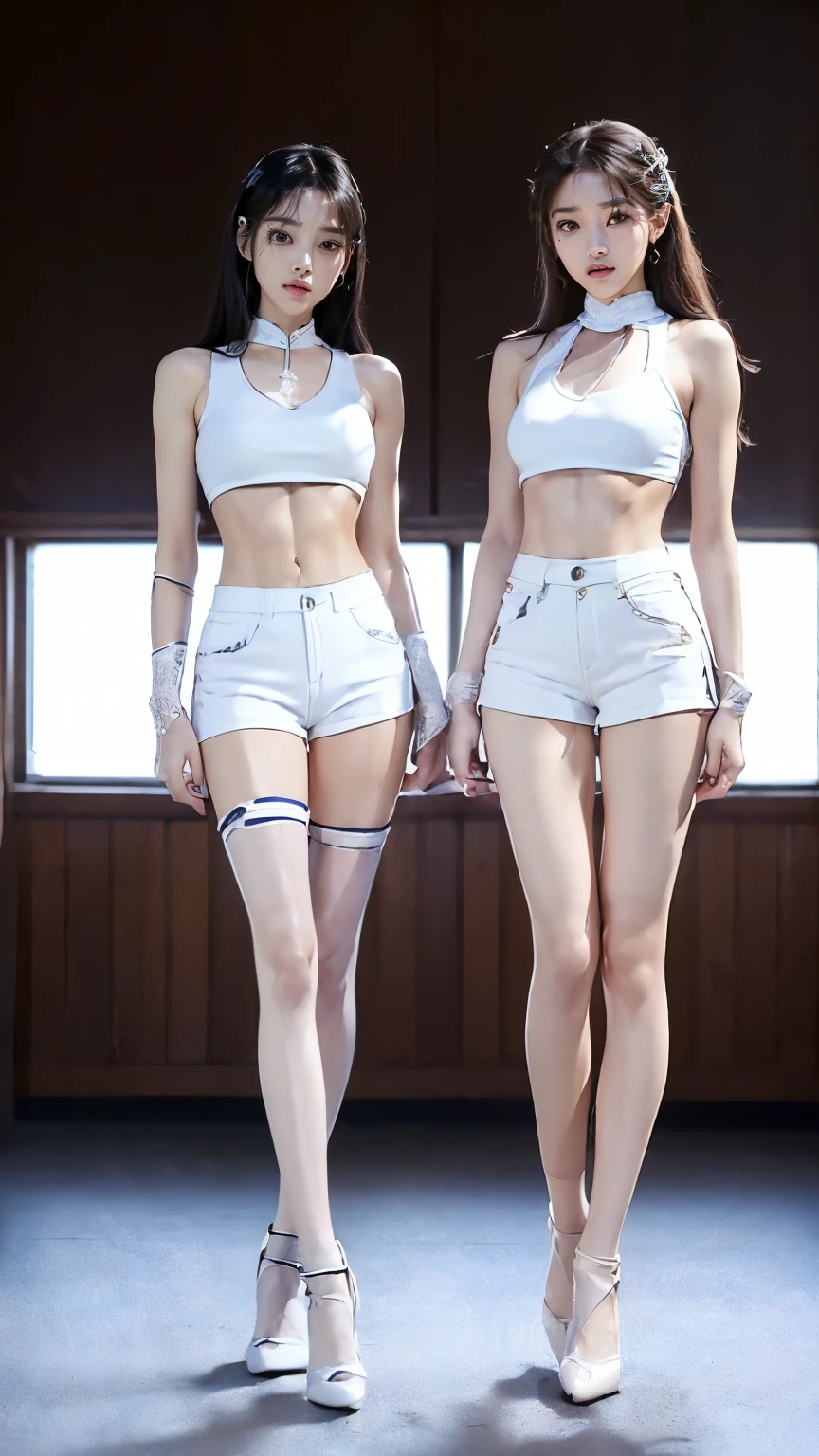 (8K、Raw photo、最high quality、masterpiece:1.5),(((((((Both of them stand with their legs apart:1.9))))))),(((((Both of them have an inseam that is more than half their height.:1.8))))),((Both have bare legs:1.6)),((Both of them are super slim:1.4)),(((((Two girls who look just like WONYOUNG from the k-pop group IVE were photographed:1.9))))),(((They both have super skinny legs:1.6))),(((Both are 173cm tall:1.4))),((Perfect k-pop IVE WONYOUNG style duo:1.3)),(((((Both of them take full body shots:1.8))))),((((Both of you should face your whole body straight ahead.:1.8)))),(((Photographed from below to show the whole body of the legs so that they look longer.:1.7))),Skin irregularities are reproduced in minute detail:1.4, (Super thin waist: 1.2),((超Thin thighs:1.2)), Thin buttocks,Open the navel,1Detailed reproduction of the navel,((Perfect super slim legs:1.3)),(((both of them are the same height:1.3))),(((Both of them have amazingly slim figures.:1.2))),(((Both are wearing white micro shorts with a rise of 15cm and an inseam of 1cm.:1.8))),(Both are 16 years old:1.2),((((Both of them are extremely exposed.:1.7)))),(((((Both of them have super-strong abs:1.9))))),((Both of them were wearing short, form-fitting white sports bras.:1.4)),(((Big boobs but no bra:1.4))),(((Both of them had high, erect nipples clearly visible protruding from under their white sports bras.:1.4))),((((Standing in a fashionable theme park on a sunny day:1.4)))),Highly detailed face and skin texture,(Both of you stand with your legs straight and without bending your knees.:1.3),(((They're both the same height:1.4))),((Both of them look just like WONYOUNG from the K-pop idol IVE.:1.8)), ((((Sunny afternoon:1.3)))),((cute:1.4)),Both are fair-skinned Asians,,Both of them have beautiful eyes,,Both of them have beautiful eyes,,Both of them have beautiful noses, which are realistically reproduced.,Both of them have realistic eyes.,Both have beautiful mouths,((They both have beautiful fingers)),nail,Both of them have beautiful faces.,Both of their beautiful faces are realistically reproduced.,cute,(Ultra-Realistic Details), Natural Shadows,(Very small hips:1.4),Large firm breasts, Super long thighs,(((超Thin thighs:1.2))),(((Super slim calves))),(Both of them have the slender bodies of well-trained track and field athletes.:1.5),(Super muscular body:1.5),Super toned waist,(Super thin waist:1.3),((White high heels:1.2)),lengthen limbs,(((((Shooting the whole body from calf height:1.6))))),(Both of them have slim, toned ankles.:1.2),((((Wide open abdomen:1.5)))),Hands on hips,Both of them face forward,((Both figures have detailed and clear reproduction of the crotch area.)),((Super long legs:1.3)),Thin thighs,((Both of them have bare legs.:1.5)),((Both of them are showing off their legs in a very extreme way.:1.4),((Both of them are showing off their bellies in an extremely extreme way.:1.4),(Black hair ponytail),((Both of them stand up straight.)),((Keep your hips facing forward:1.5)),2人とも8頭身スタイルBeauty,The ankles are super thin,The arms are very thin and muscular,Make your arms thinner,(((Clearly reproduces the skin texture of the legs down to the finest detail))),Faithfully reproducing the fingers of the hand,(Both of them have super long legs.),(Accurate reproduction of each finger:1.3),(((Each toe is accurately reproduced:1.2))),The middle of the thighs are very thin,(((Clearly reproduces the muscle texture of ultra-muscular and ultra-thin calf skin))),(((超筋肉質な超Thin thighsの肌の筋肉質感を明確に再現する))),(Very tight waist:1.2),((Both of them have an inseam that is more than half their height.の美脚:1.6)),(Extremely thin thighs),Beauty,Fine skin,Firm skin,(((Both of them should fit from the top of their heads to the toes of their heels.:1.5))),(((They both have super skinny legsの肌を細部まで忠実に再現する))),(Both of them are super muscular and have super thin legs with realistic skin.:1.3),((Realistically reproduces the fine details of toned, slender leg skin:1.3)),((Dazzling Midsummer)),(((Both of them have super-strong quadriceps:1.6))),(((Both of them have extremely well-trained gastrocnemius and soleus muscles.:1.6))),((2人とも超細くてSuper long legs:1.2)),Front lighting,A little overexposed, Super detailed, High detail, high quality, Awards,High resolution,(Anatomically correct:1.5)