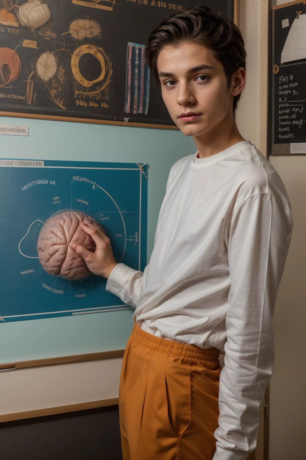 A beautiful young man, a cute male twink, with black hair, a face with reddish make-up, wearing a bright white long-sleeved shirt and aqua blue pants. He is in his office, and behind him is a blackboard on which is written the shape of the brain and its anatomy, and nuclear energy comes out of it, and he looks on proudly.