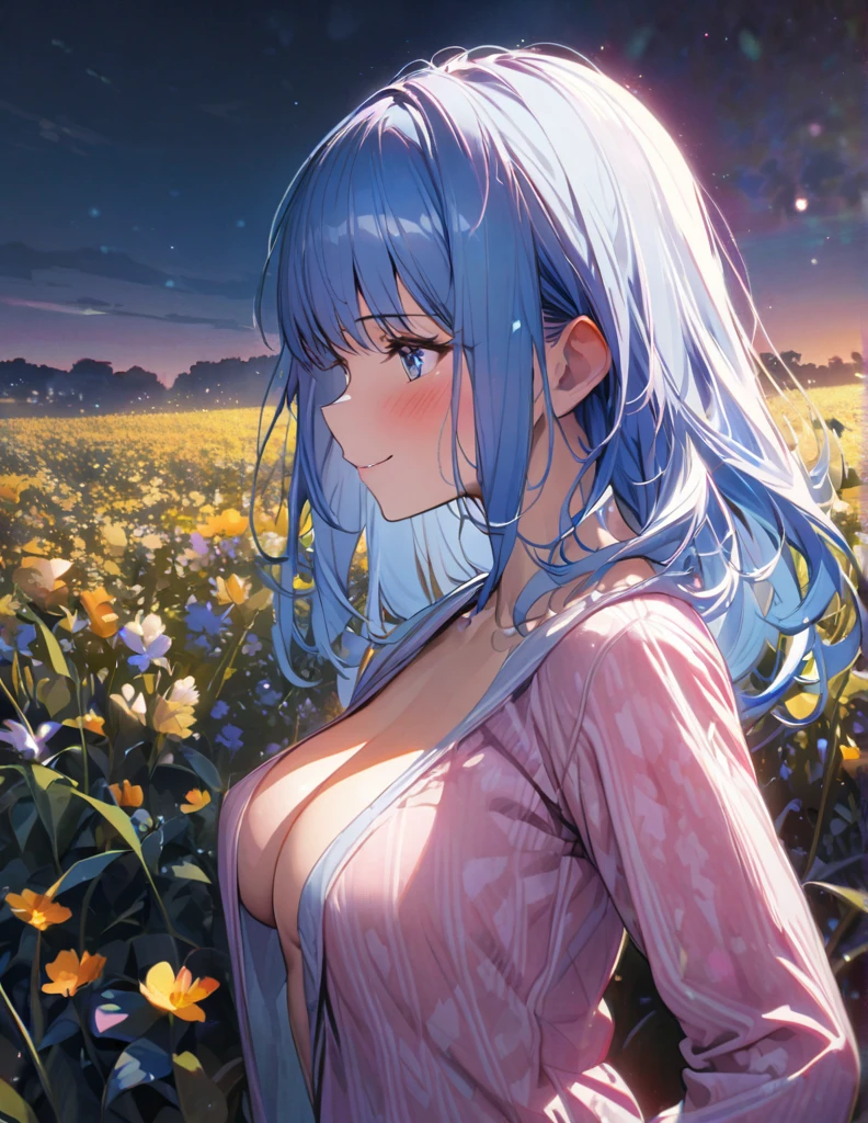 beautiful girl, long blue hair, beautiful face,smiling,close up to hips, beautiful breast, in the middle of flowers field, (open mouth:0.4),illustration,detailed textures(realists),ultra-detailed,portrait style,vivid colors,soft lighting, blushing, mature, hair fluttering, evening light, ((half body)), no bra, wearing casual pajamas, perky. ((side profile until hips))