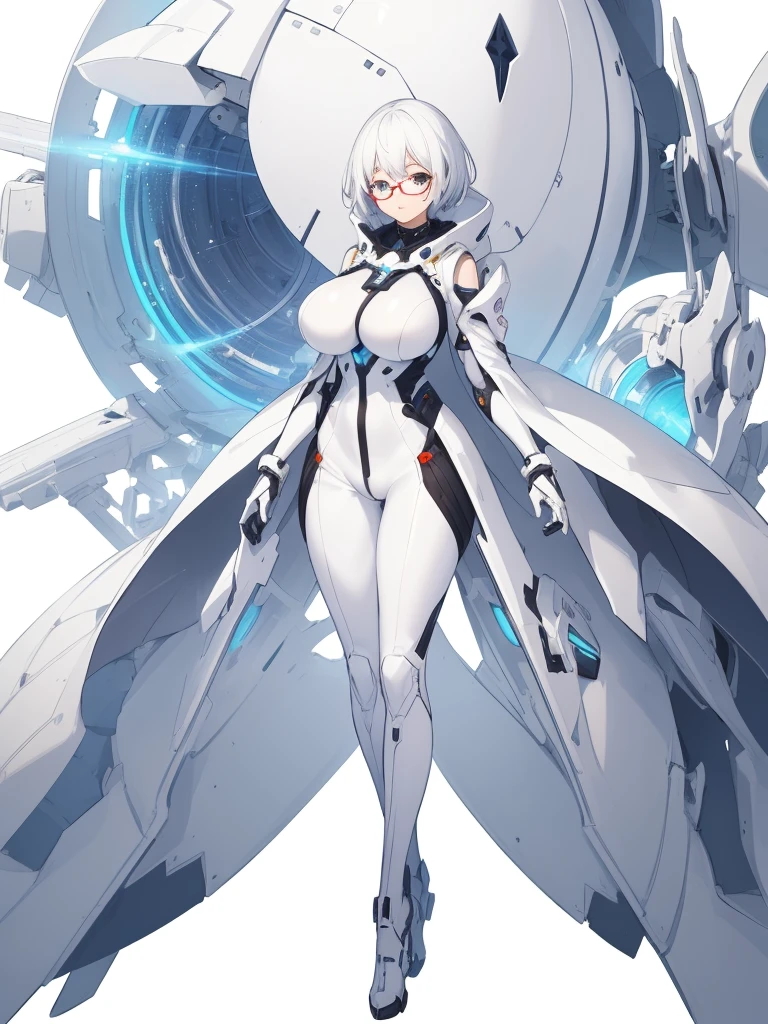 (one anime girl, glasses, white short hair, huge breasts, white futuristic suit, watching on viewer, shy pose), ((white background)),(((in full growth,full body)))