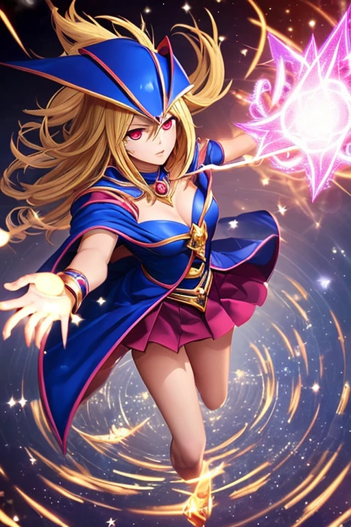 (Masterpiece:1.2), (The best quality:1.2), Perfect lighting, dark magician girl (casting a spell: 1.3), In his twenties, (floating in the air: 1.3), visible medium tits, transparent neckline,  From above, sparkles, (hands with magic effects: 1.4 )Magic in your hands, Apocalypse background