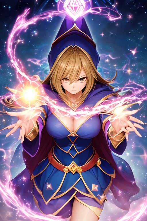 (Masterpiece:1.2), (The best quality:1.2), Perfect lighting, dark magician girl (casting a spell: 1.3), In his twenties, (floating in the air: 1.3), visible medium tits, transparent neckline,  From above, sparkles, (hands with magic effects: 1.4 )Magic in your hands, Apocalypse background