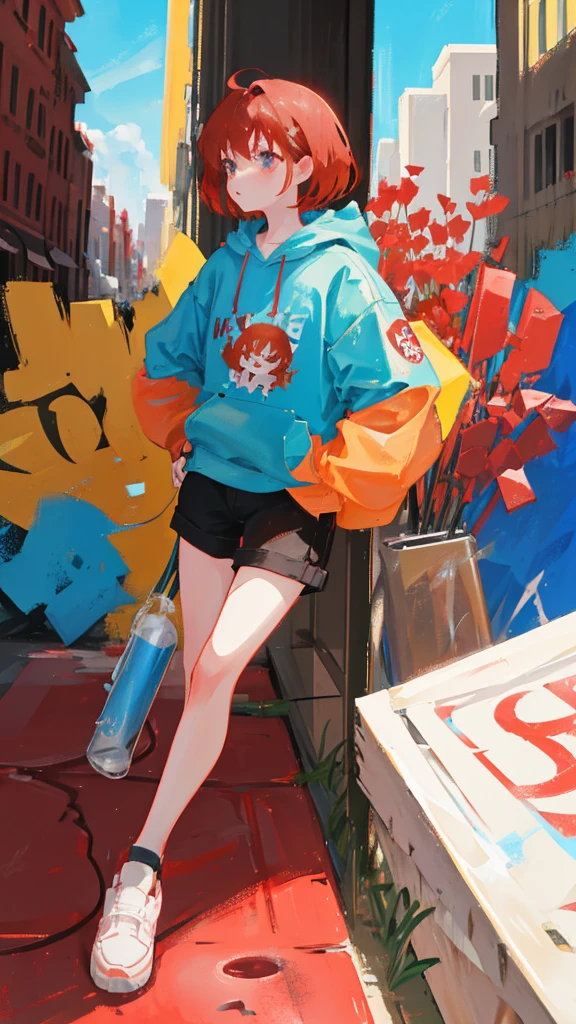 Girl with short reddish red hair holding a can of spray paint