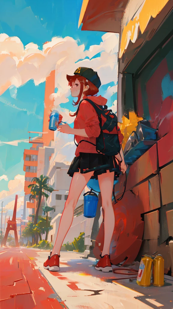 Girl with short reddish red hair holding a can of spray paint