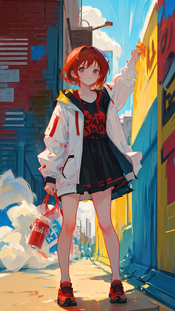 Girl with short reddish red hair holding a can of spray paint