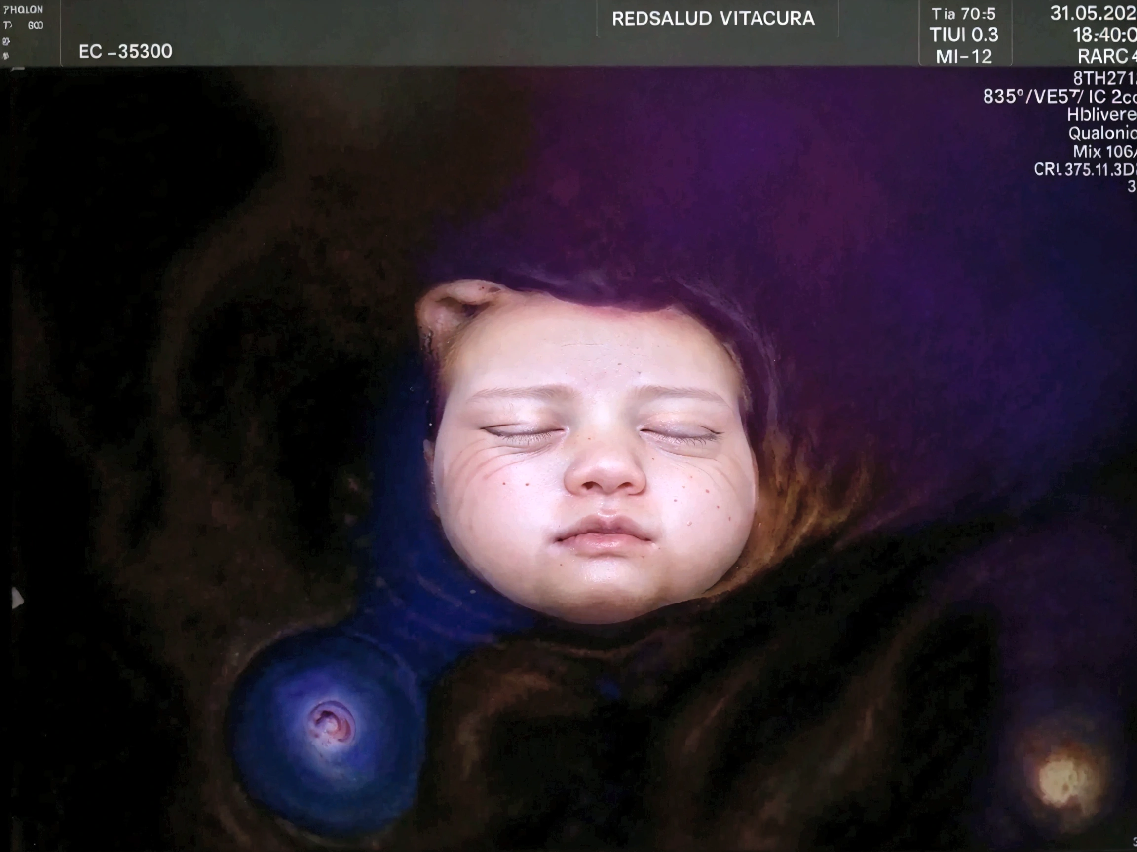 Enhance this 4D ultrasound image of a 34 weeks fetus. Arafed image of a baby's face, fetus, high-resolution scan, Very chromatic aberration, extremely high-quality scan, Hyper-realistic simulation, high-quality scan, Bump mapping, High-quality 3D realism, simetry! human fetus, Realistic flesh texture, Heavy JPEG artifact blurred, Highly realistic bump mapping, high-resolution scan. A close-up image of a head with an image of a 34 weeks fetus, high-resolution scan, high-resolution scan, Escaneo 4K, Escaneo 4K, Escaneo HD, fetus, Cerrar - IP shot, Tapa de pantalla, Medical imaging, Highly coherent image, Detailed analysis, screen capture, extremely high-quality scan, 8K scan, 8K scan, Detailed screen capture. face in profile. eyes closed