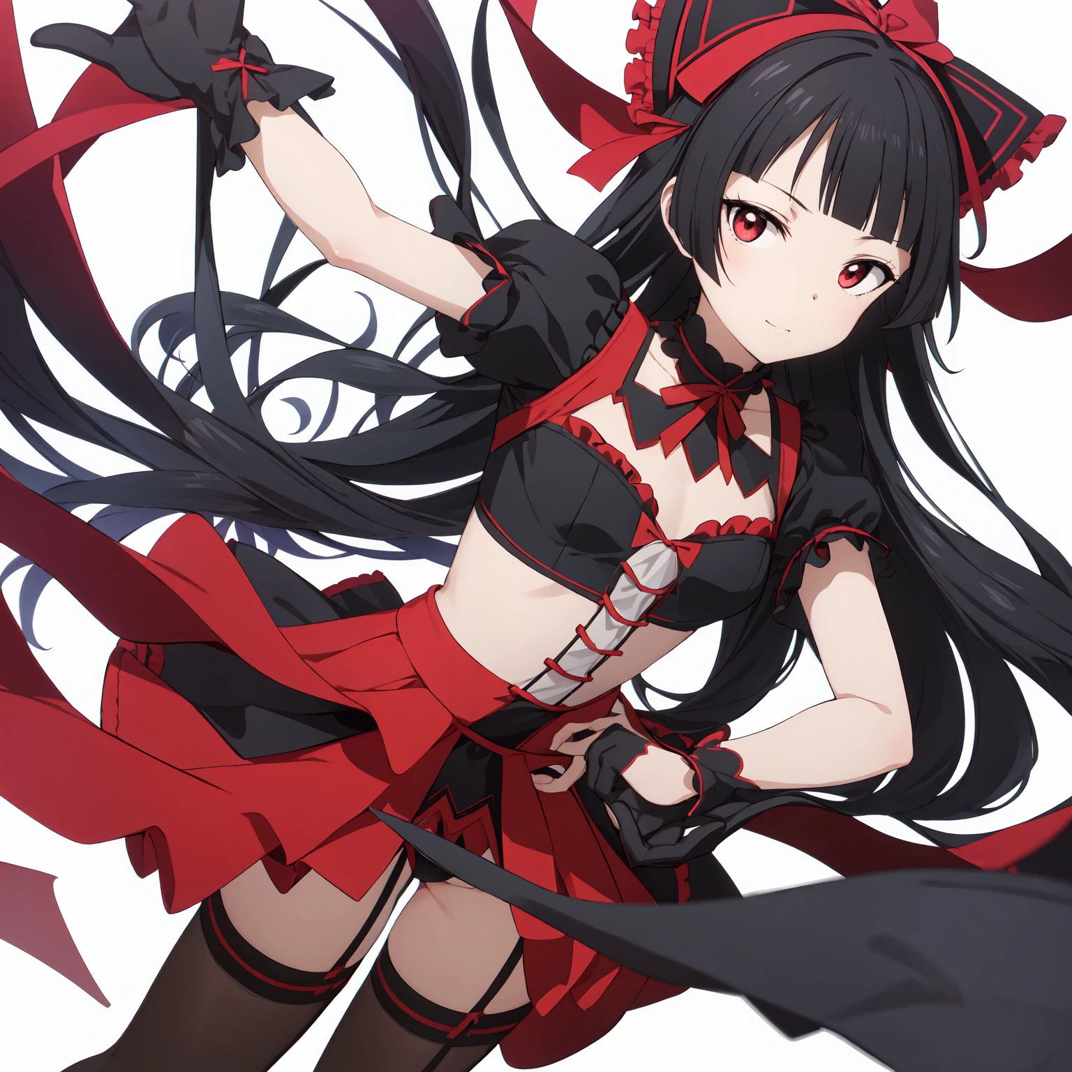 Rory Mercury, Rory Mercury, Black Hair, Blunt bangs, Hime cut, hair ornaments, Red lipstick, Long Hair, Cute face, compensate, (Small box:1.2), (Red eyes:1.5), break Gothic underwear, Perfect body (Small breasts:1.3), break in full growth, Red Shoes, break Black Stockings, Black Gloves break, Black thighs, Garter Straps, gloves, Gothic, Hair Ribbon, Gothicファッション, puffy Short sleeve, Puffy sleeves, Short sleeve, tights, tights, looks at the viewer, break (masterpiece:1.2), Highest quality, High resolution, unity 8k wallpaper, (Illustration:0.8), (Beautiful details in the eyes:1.6), Highly detailed face, Perfect lighting, Highly detailed CGI, (Perfect Arms, Perfect Anatomy), (white background:1.5), I have nothing in my hands, 1girl, whole body, Confused eyes