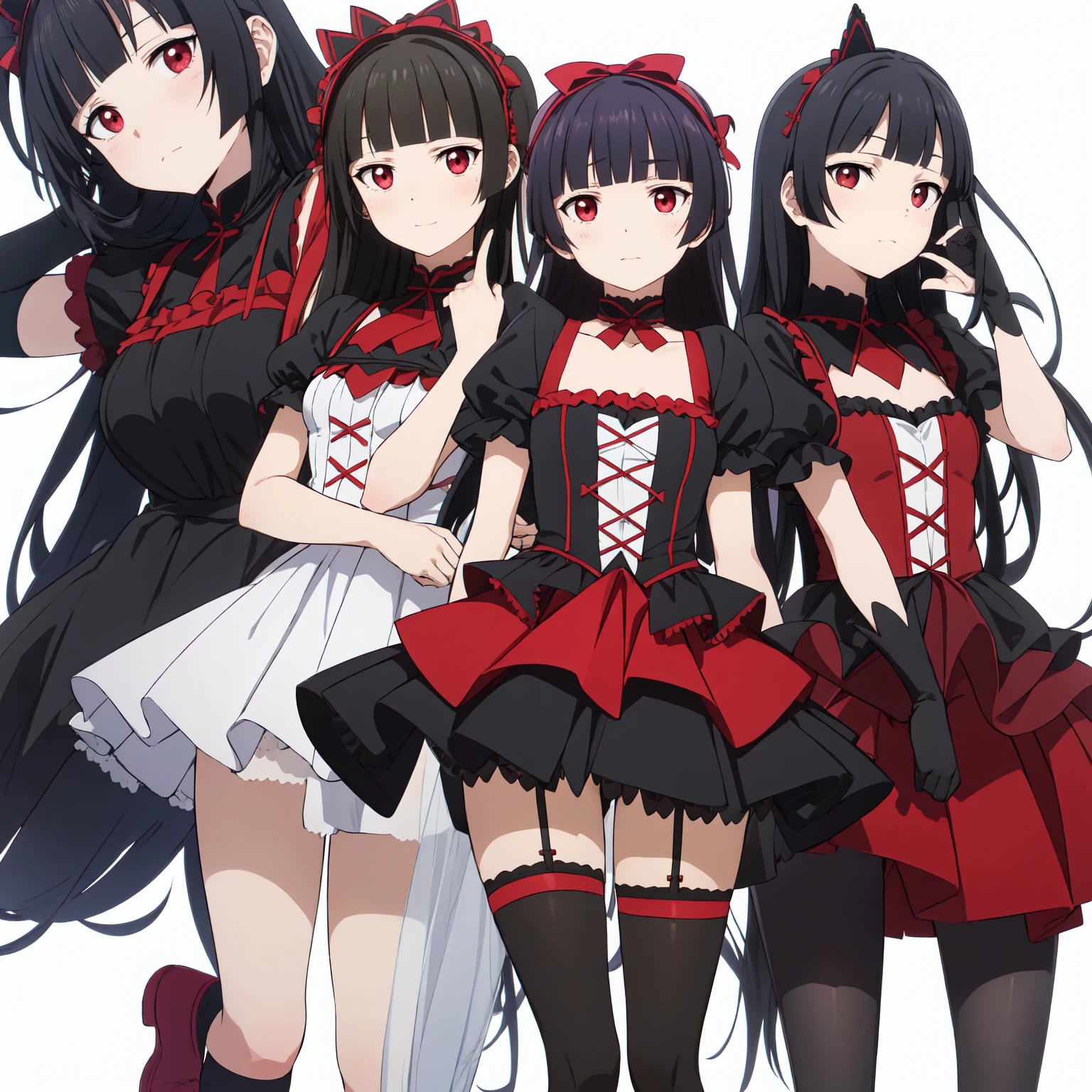 Rory Mercury, Rory Mercury, Black Hair, Blunt bangs, Hime cut, hair ornaments, Red lipstick, Long Hair, Cute face, compensate, (Small box:1.2), (Red eyes:1.5), break Gothic underwear, Perfect body (Small :1.3), break in full growth, Red Shoes, break Black Stockings, Black Gloves break, Black thighs, Garter Straps, gloves, Gothic, Hair Ribbon, Gothicファッション, puffy S sleeve, Puffy sleevShort sleeve, tights, tights, looks at the viewer, break (masterpiece:1.2), Highest quality, High resolution, unity 8k wallpaper, (Illustration:0.8), (Beautiful details in the eyes:1.6), Highly detailed face, Perfect lighting, Highly detailed CGI, (Perfect Arms, Perfect Anatomy), (white background:1.5), I have nothing in my hands, 1girl, whole body, Confused eyes