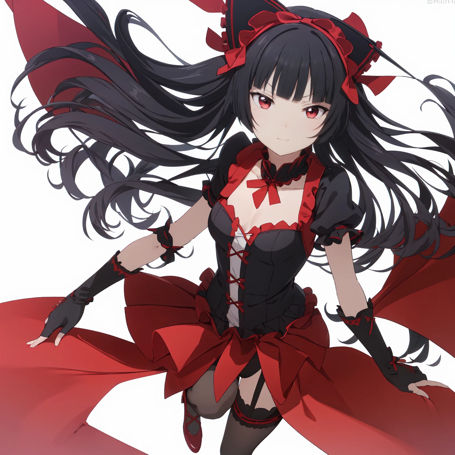 Rory Mercury, Rory Mercury, Black Hair, Blunt bangs, Hime cut, hair ornaments, Red lipstick, Long Hair, Cute face, compensate, (Small box:1.2), (Red eyes:1.5), break Gothic underwear, Perfect body (Small breasts:1.3), break in full growth, Red Shoes, break Black Stockings, Black Gloves break, Black thighs, Garter Straps, gloves, Gothic, Hair Ribbon, Gothicファッション, puffy Short sleeve, Puffy sleeves, Short sleeve, tights, tights, looks at the viewer, break (masterpiece:1.2), Highest quality, High resolution, unity 8k wallpaper, (Illustration:0.8), (Beautiful details in the eyes:1.6), Highly detailed face, Perfect lighting, Highly detailed CGI, (Perfect Arms, Perfect Anatomy), (white background:1.5), I have nothing in my hands, 1girl, whole body, Confused eyes