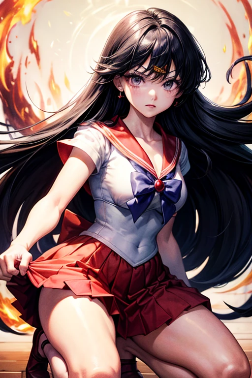 masterpiece, Highest quality, Absurd, Perfect Anatomy, One girl, alone, Mars, Very long hair, Parted bangs, Sailor Warrior Uniforms, Red Sailor Collar, Red Skirt, Elbow hand pockets, Are standing, Cartoon flames in the background, Stylized Background,Dynamic pose,Get down on one knee、The uniform is cut up、Crippling、Both hands tied with rope、I'm injured