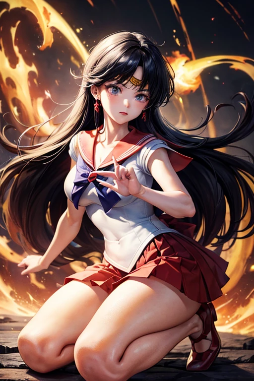 masterpiece, Highest quality, Absurd, Perfect ???????, One girl, alone, Mars, Very long hair, Parted bangs, Sailor Warrior Uniforms, Red Sailor Collar, Red Skirt, Elbow hand pockets, Are standing, Cartoon flames in the background, Stylized Background,Dynamic pose,Get down on one knee、The uniform is cut up、Crippling、Both hands tied with rope、I'm injured