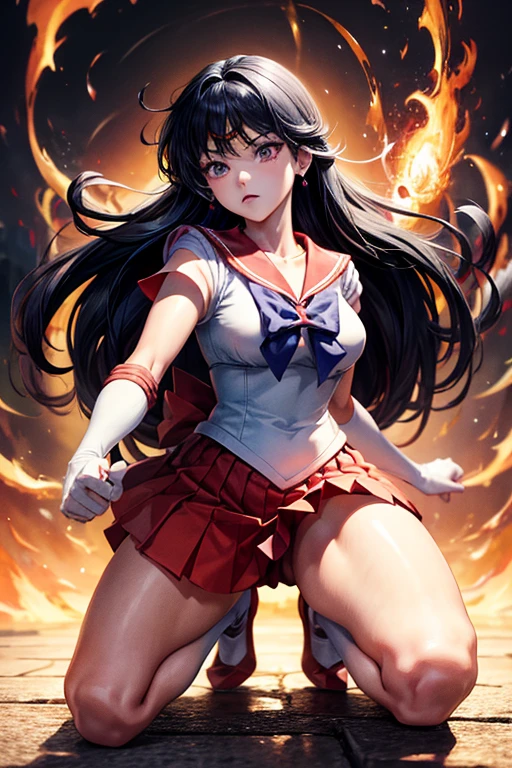 masterpiece, Highest quality, Absurd, Perfect Anatomy, One girl, alone, Mars, Very long hair, Parted bangs, Sailor Warrior Uniforms, Red Sailor Collar, Red Skirt, Elbow hand pockets, Are standing, Cartoon flames in the background, Stylized Background,Dynamic pose,Get down on one knee、The uniform is cut up、Crippling、Both hands tied with rope、I'm injured